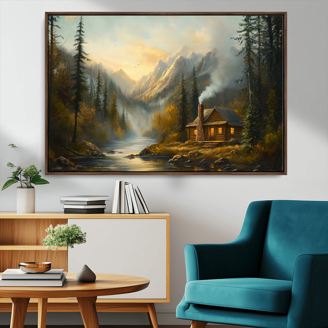 Wood Cabin Retreat Mountain at Sunset Wall Art Print, Serene Forest and River Landscape