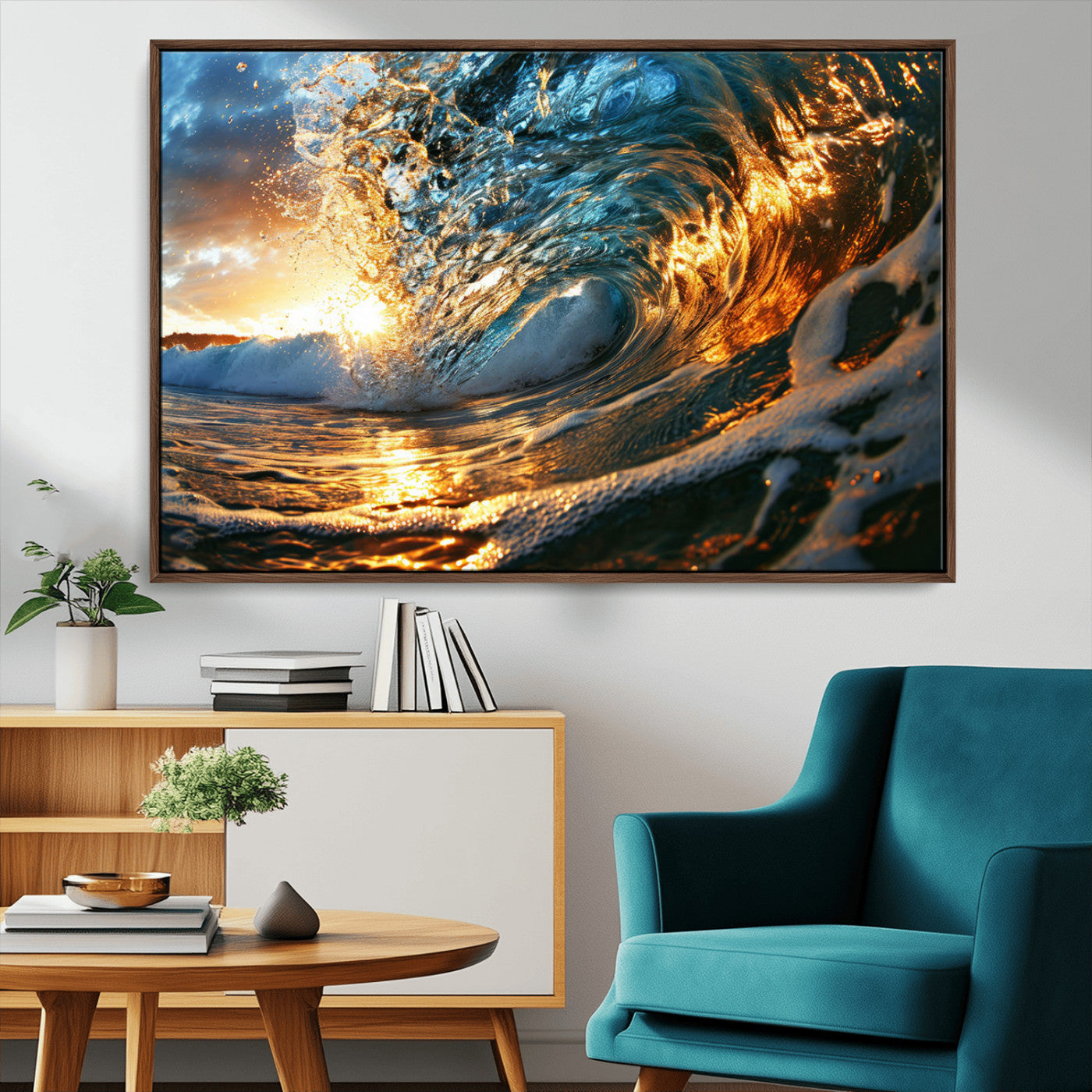41370-MGV-CV-36X24-Ocean Wave at Sunset Canvas Wall Art – Vibrant Coastal Beach Waves Print, Large Nautical Decor,