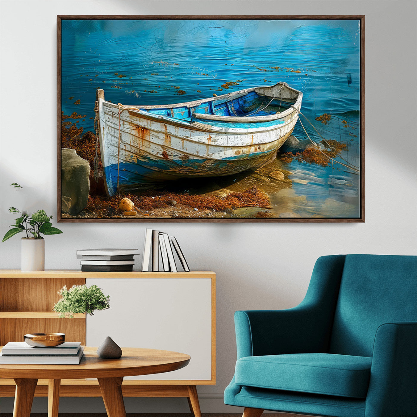 54716-MGV-CV-36X24-Vintage Boat on Tranquil Waters | Coastal Wall Art for Nautical Decor | Rustic Triptych Canvas Print