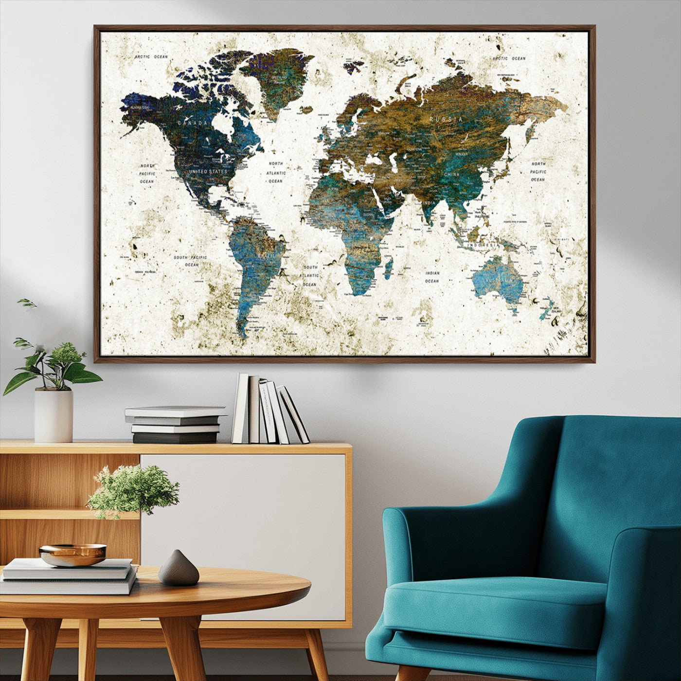 89176-MGV-CV-36X24-Vintage Blue and Brown World Map Canvas Wall Art – Framed Rustic Map Print, Earth Tone Travel Decor for Stylish Home and Office Walls
