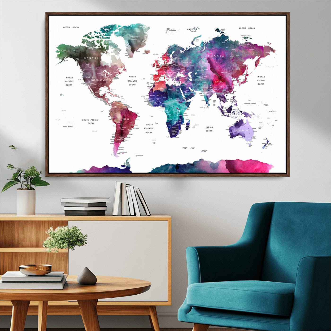 78176-MGV-CV-36X24-Colorful Watercolor World Map Canvas Wall Art – Framed Modern Map Print, Vibrant Travel Inspired Artwork for Home and Office Decor