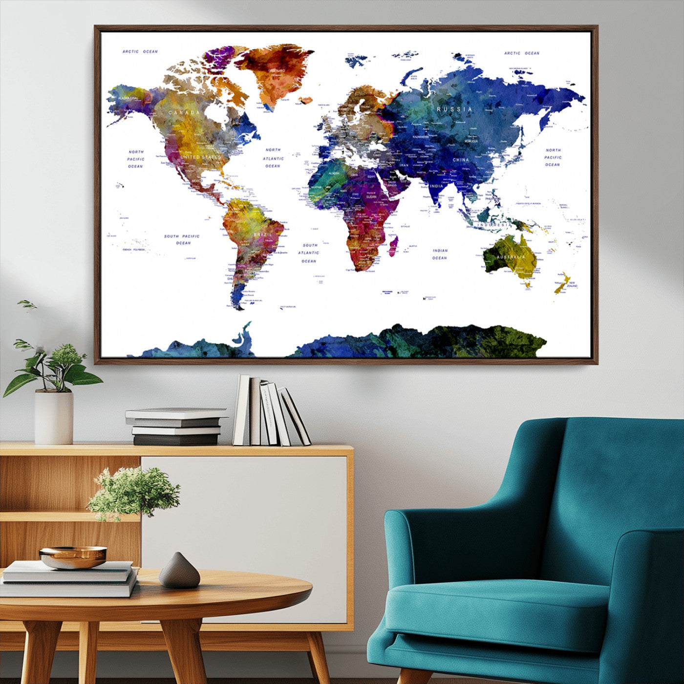 90446-MGV-CV-36X24-Colorful Watercolor World Map Canvas Wall Art – Framed Modern Push Pin Travel Map for Home and Office Decor