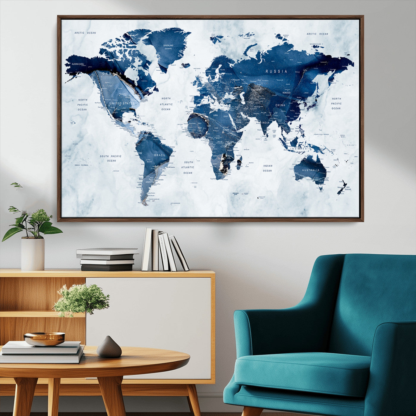 88266-MGV-CV-36X24-Modern Blue Marble World Map Canvas Print – Framed Push Pin Wall Art, Elegant Travel Map Artwork for Home Office or Living Room Decor