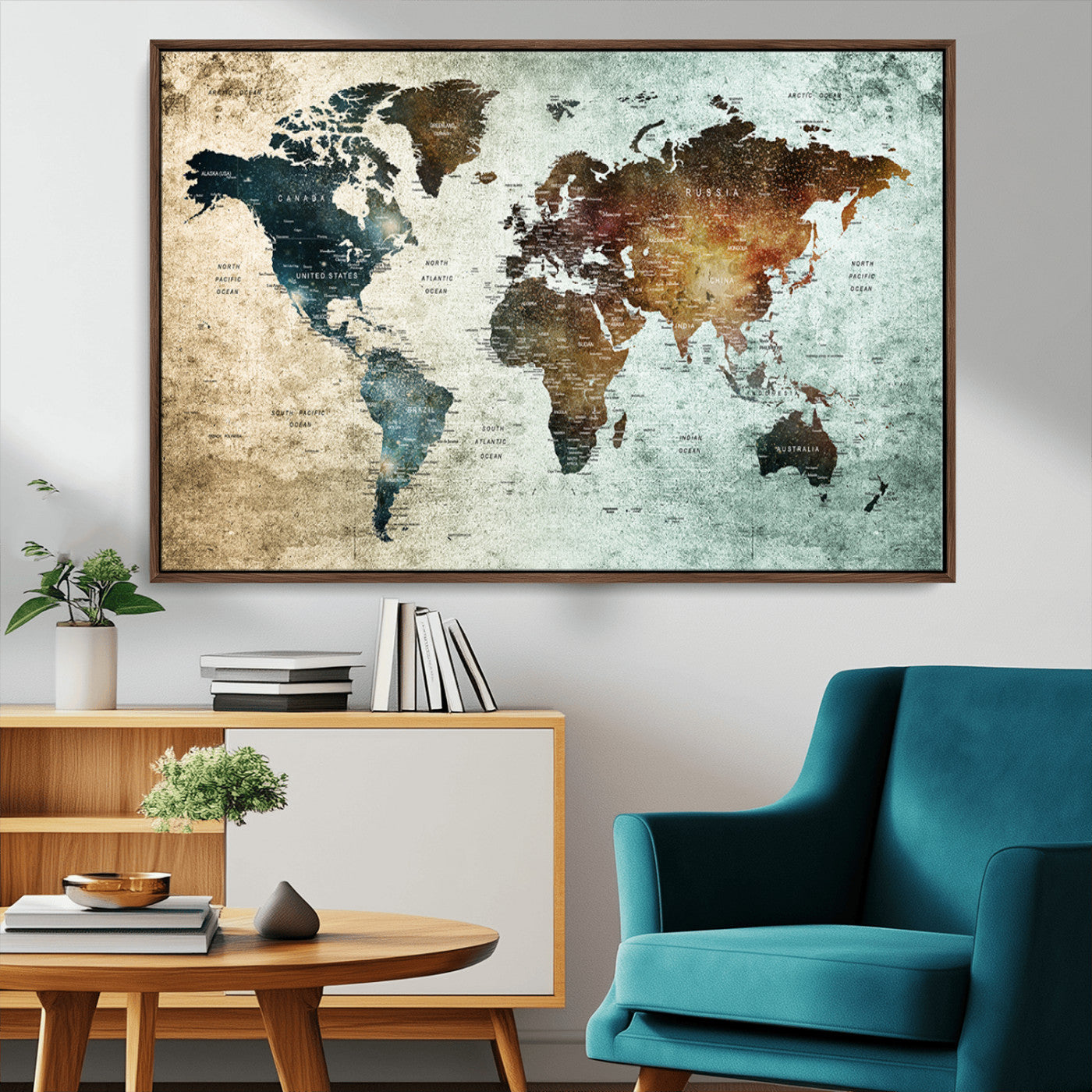 25140-MGV-CV-36X24-World Map Canvas Print – Framed Vintage Style Push Pin Wall Art, Elegant Travel Map Decor for Home or Office