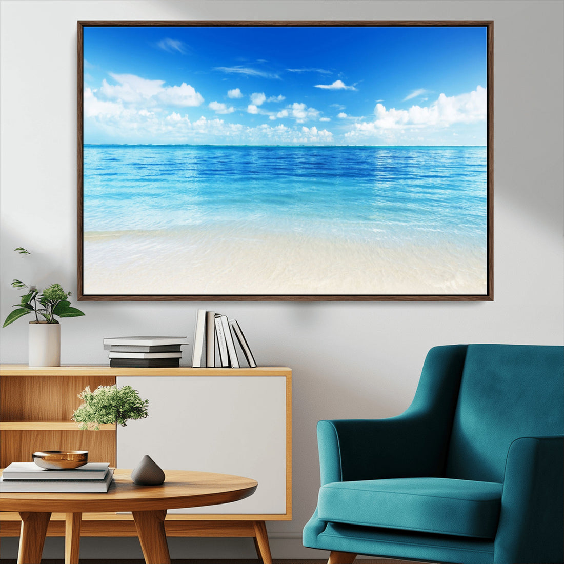 Beach Scene Canvas Wall Art Print | Tranquil Ocean Horizon and White Sand Beach
