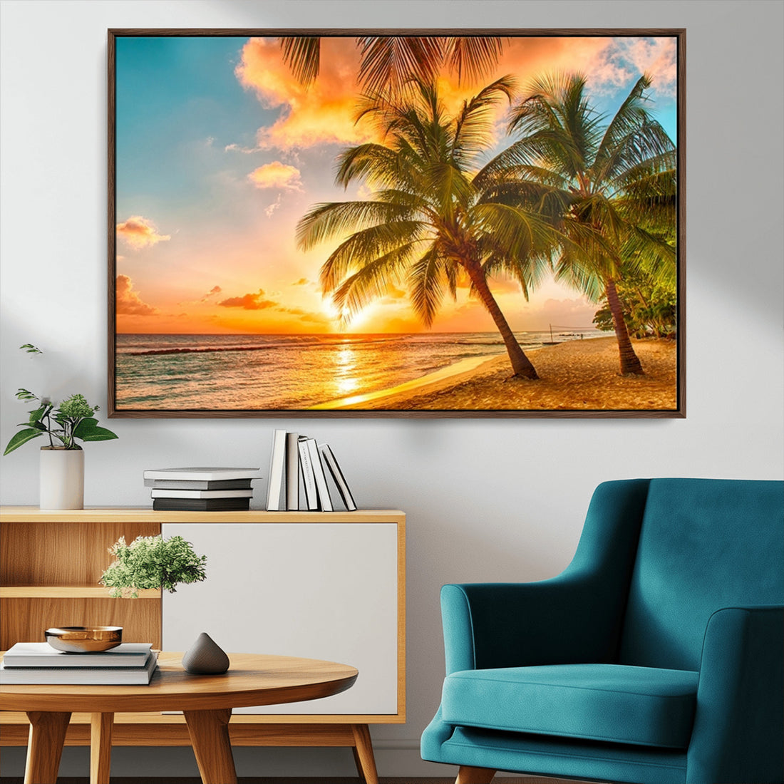 Tropical Sunset Beach Canvas Wall Art Print | Vibrant Palm Trees and Coastal Sunset