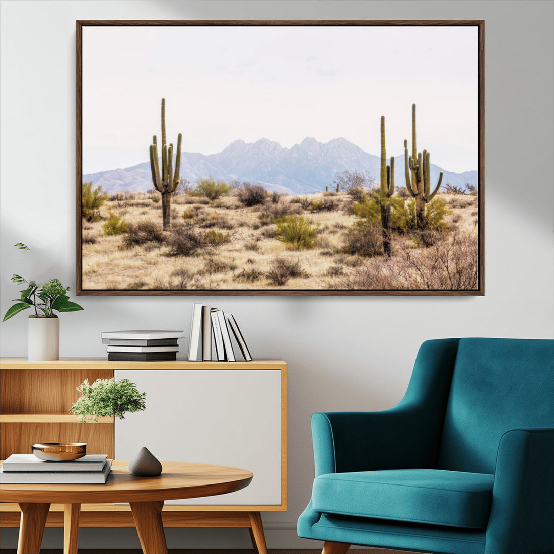 Desert Cactus Canvas Wall Art | Serene Southwestern Arizona Landscape with Mountains