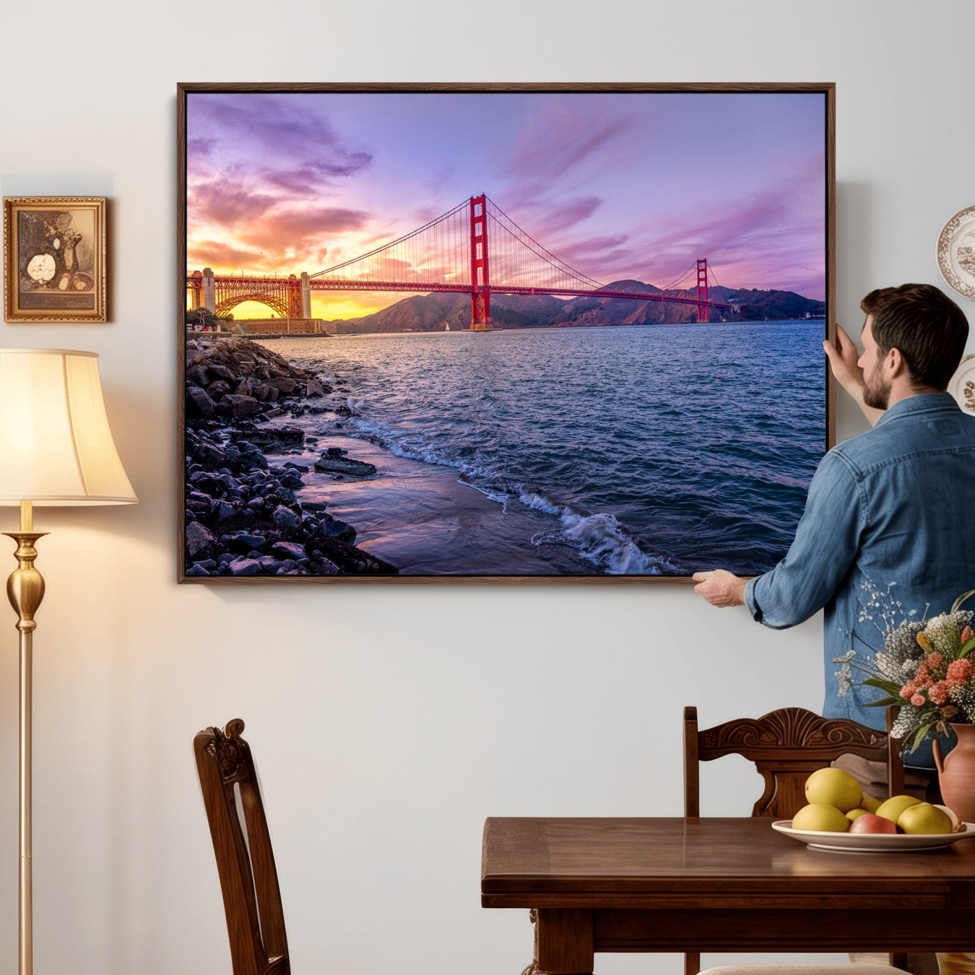 24256-MGV-CV-36X24 - Golden Gate Bridge Wall Art Print, San Francisco Sunset Canvas Wall Art, Cityscape Canvas Print for