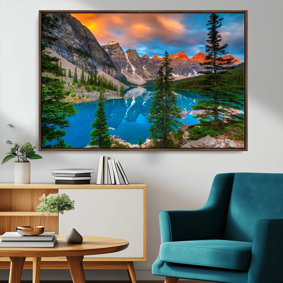 Canadian Rockies Moraine Lake Wall Art Canvas Print, Pine Trees Mountain Spring