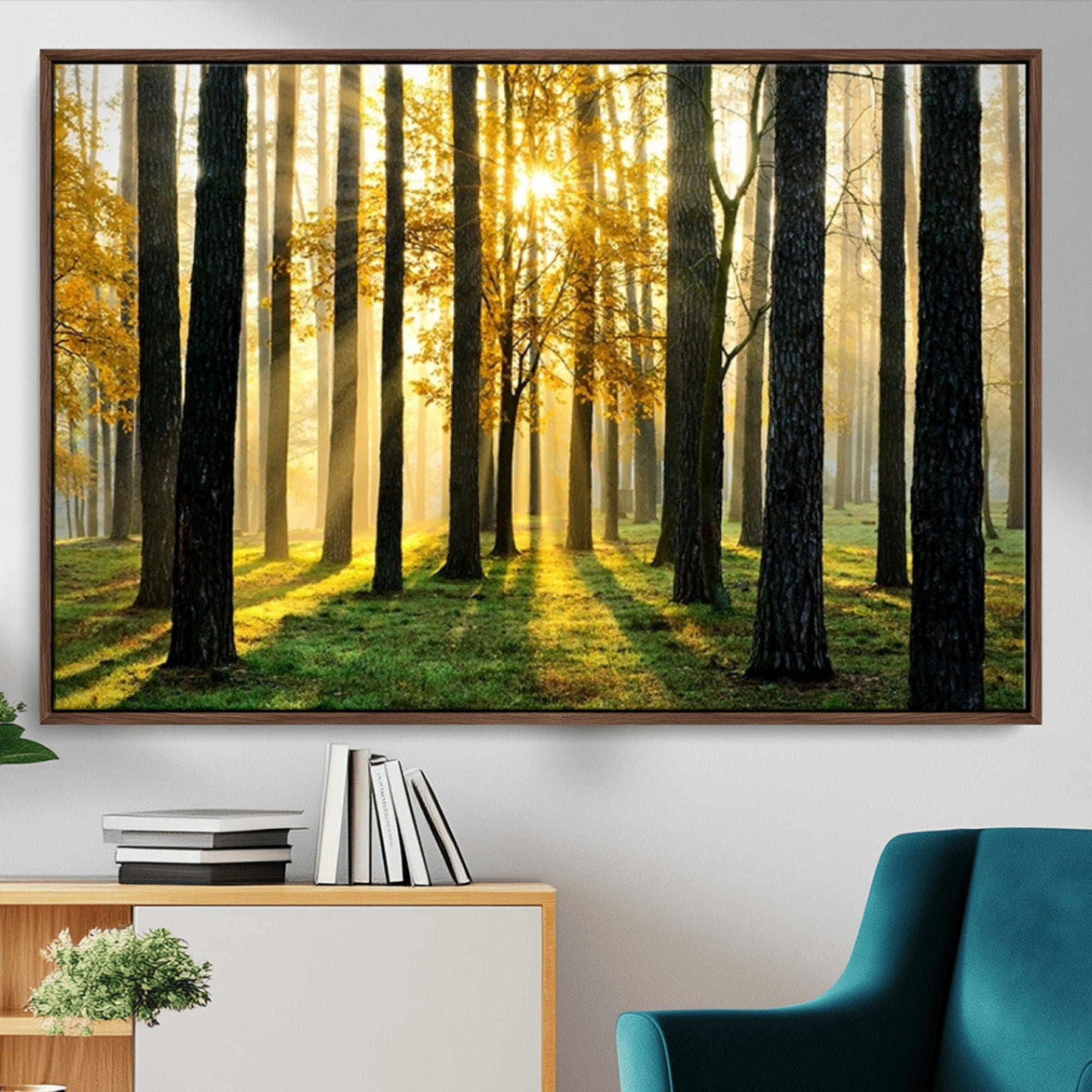 60024-MGV-CV-36X24-Sunlit Forest Wall Art Canvas Print – Large Framed Woodland Landscape Artwork for Home, Office, Living Room