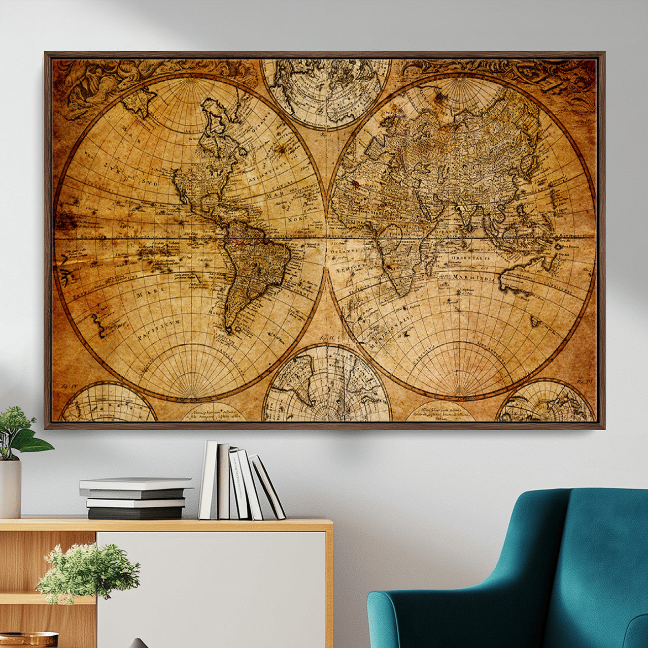 25517-MGV-FC-36X24 - Vintage World Map Canvas Print – Antique Push Pin Travel Map, Framed Wall Art for Home or Office Decor
