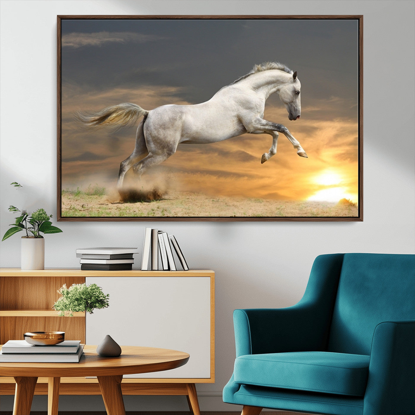 -Large Wall Art Canvas Print – White Jumping Horse Sunset Scene Animal Artwork for Home, Office, Living Room Decor