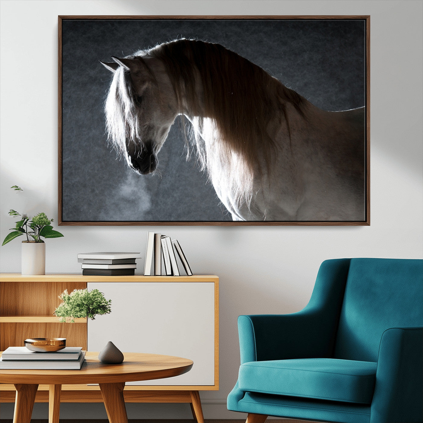 -Large Wall Art Cream Colored Horse on Grey Background Canvas Print