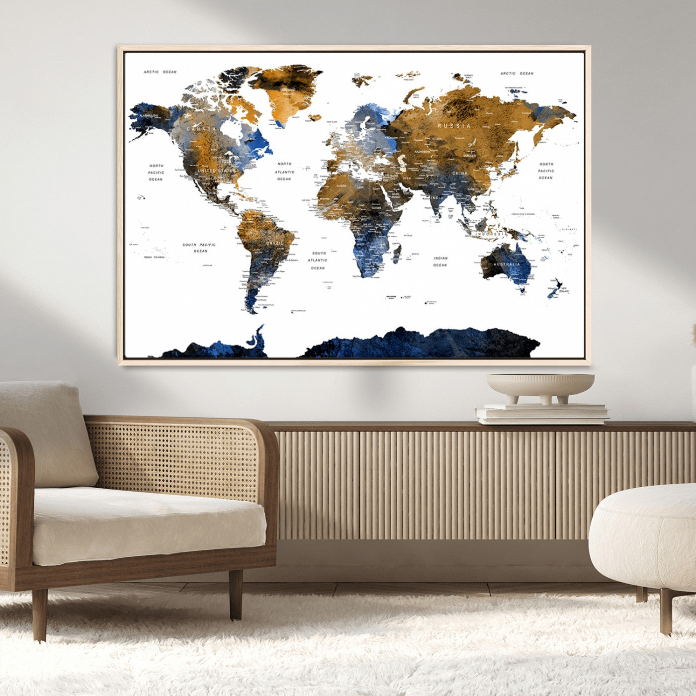 56231-MGV-FC-36X24_Natural-Navy and Gold World Map Canvas Wall Art – Framed Modern World Map Print, Elegant Travel Inspired Artwork for Home and Office Decor
