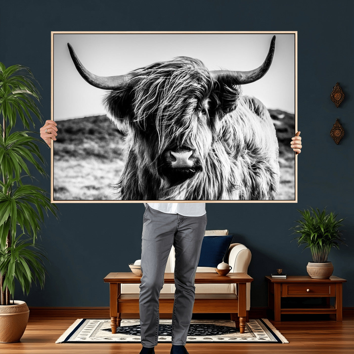 54309-MGV-CV-36X24 - Black and White Scottish Cow Canvas Wall Art Highland Cattle Canvas Print Framed Ready to Hang Original Cotton Canvas High Quality Image Multi Panel Wall Art Printable Artwork for Walls