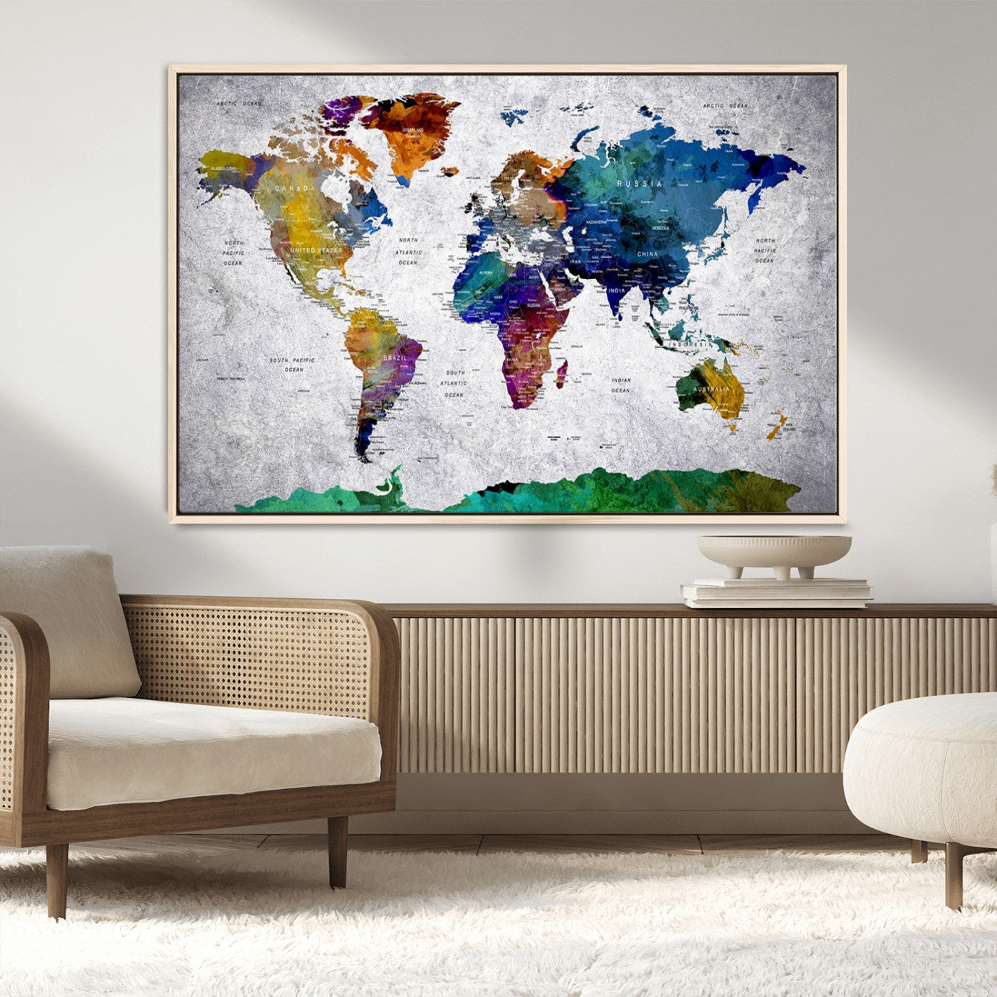 26840-MGV-CV-36X24-Push Pin World Map Canvas Print – Framed Travel Tracker Wall Art for Couples, Anniversary Gift and Modern Home Decor