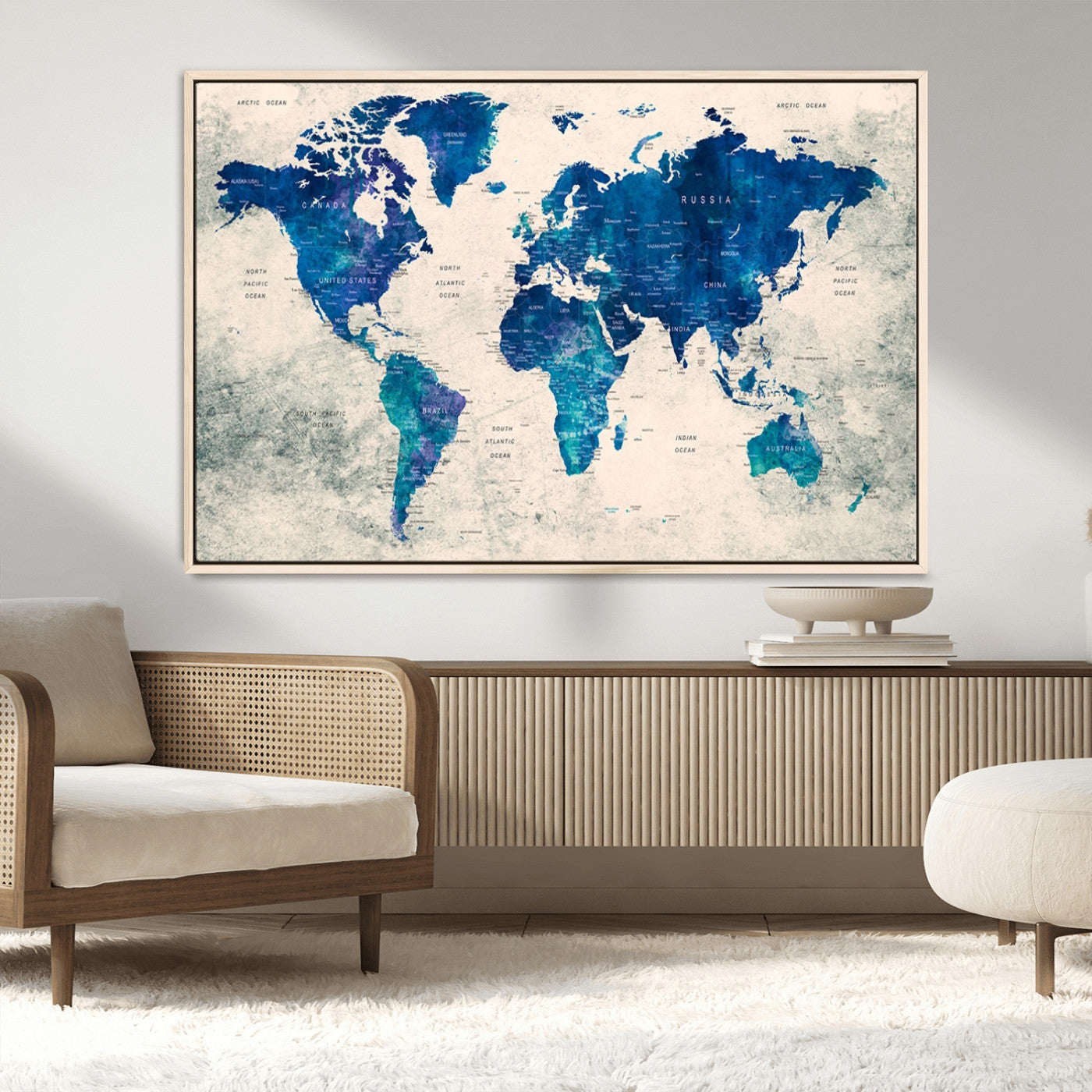 43947-MGV-FC-36X24_Natural-Blue Watercolor World Map Canvas Print – Framed Modern Wall Art, Elegant Push Pin Travel Map Decor for Home Office or Living Room