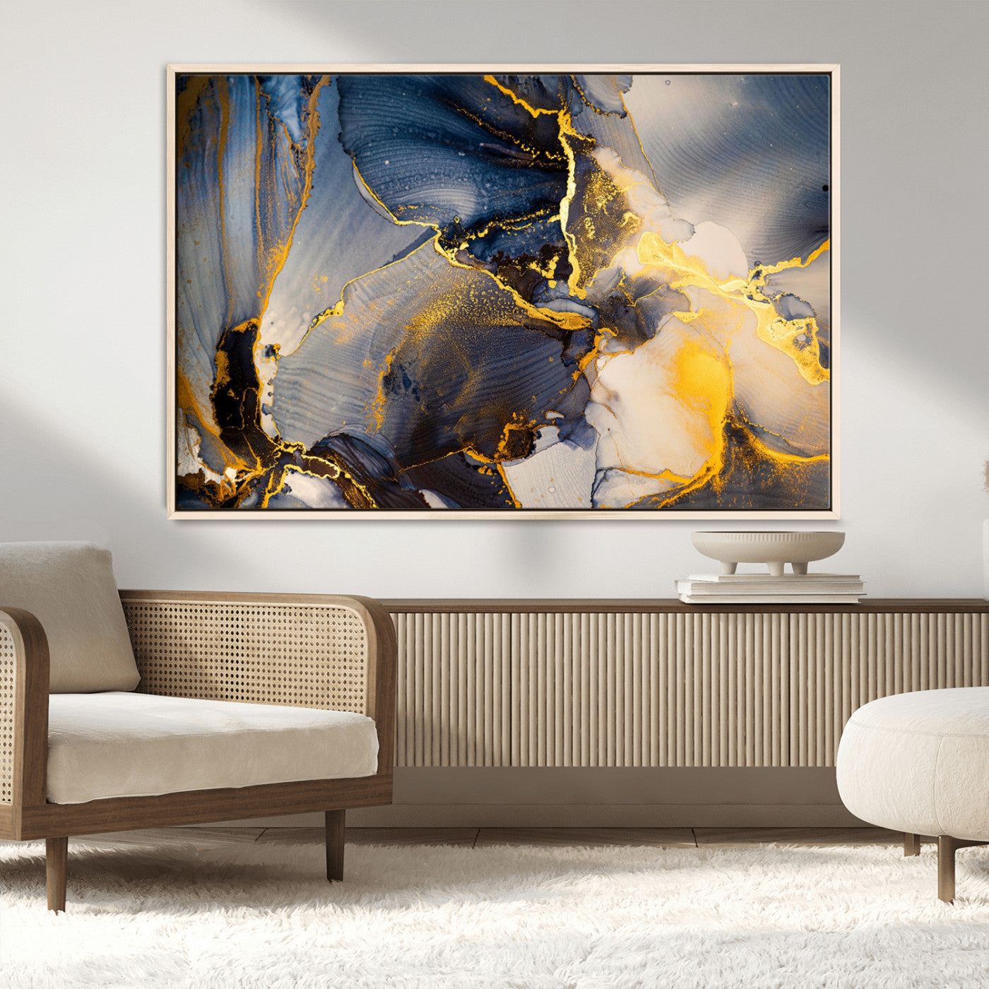 42100-MGV-CV-36X24-Large Abstract Wall Art Print - Gold and Blue Abstract Canvas Wall Art | Fluid Ink Modern Luxury