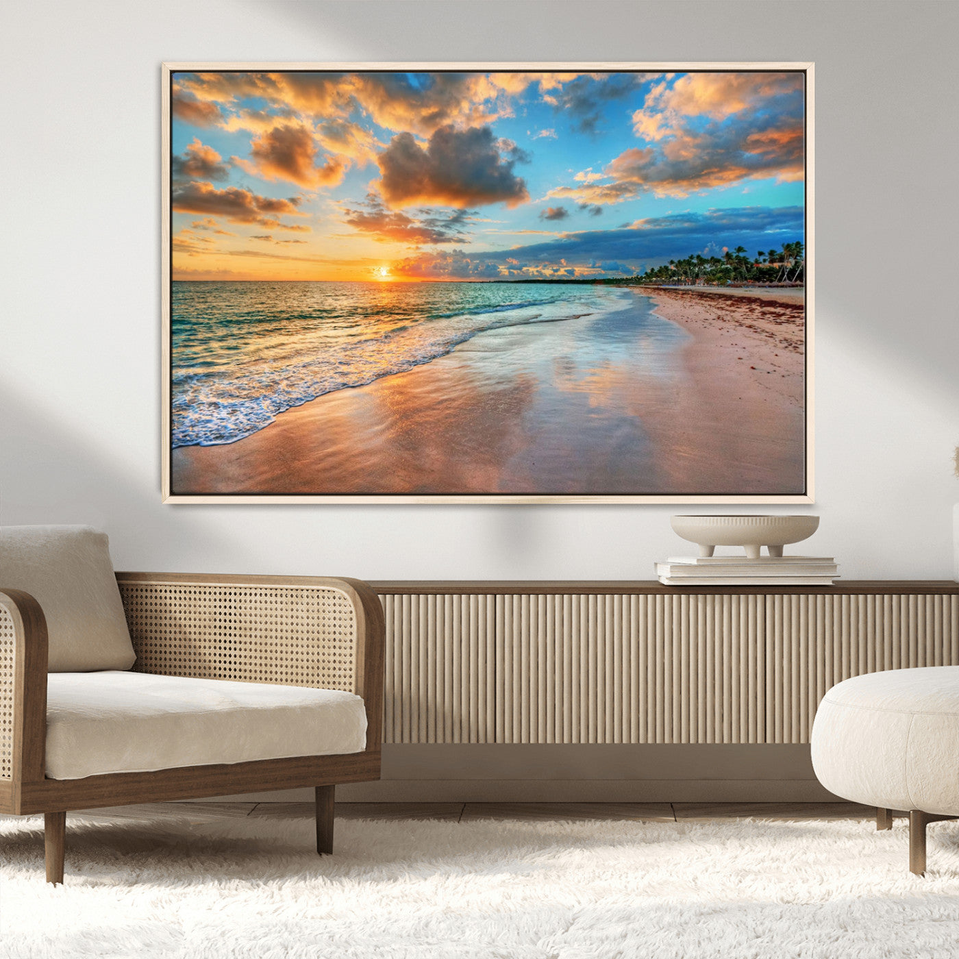 41572-MGV-CV-36X24-Sunset Beach Canvas Wall Art – Tropical Triptych Seascape Print – Coastal Ocean Decor for Living