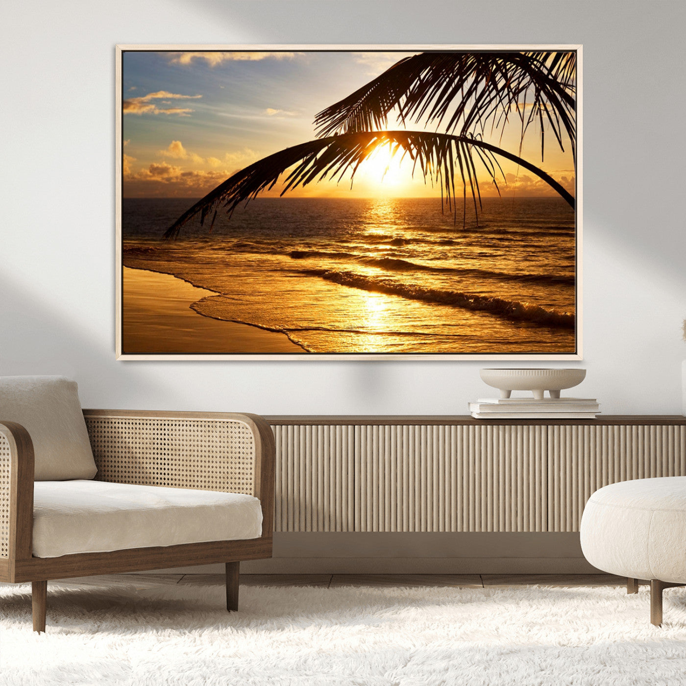41507-MGV-FC-36X24_Natural-Golden Tropical Beach Sunset Canvas Triptych, Coastal Palm Tree Wall Art, Ocean Shoreline Giclee