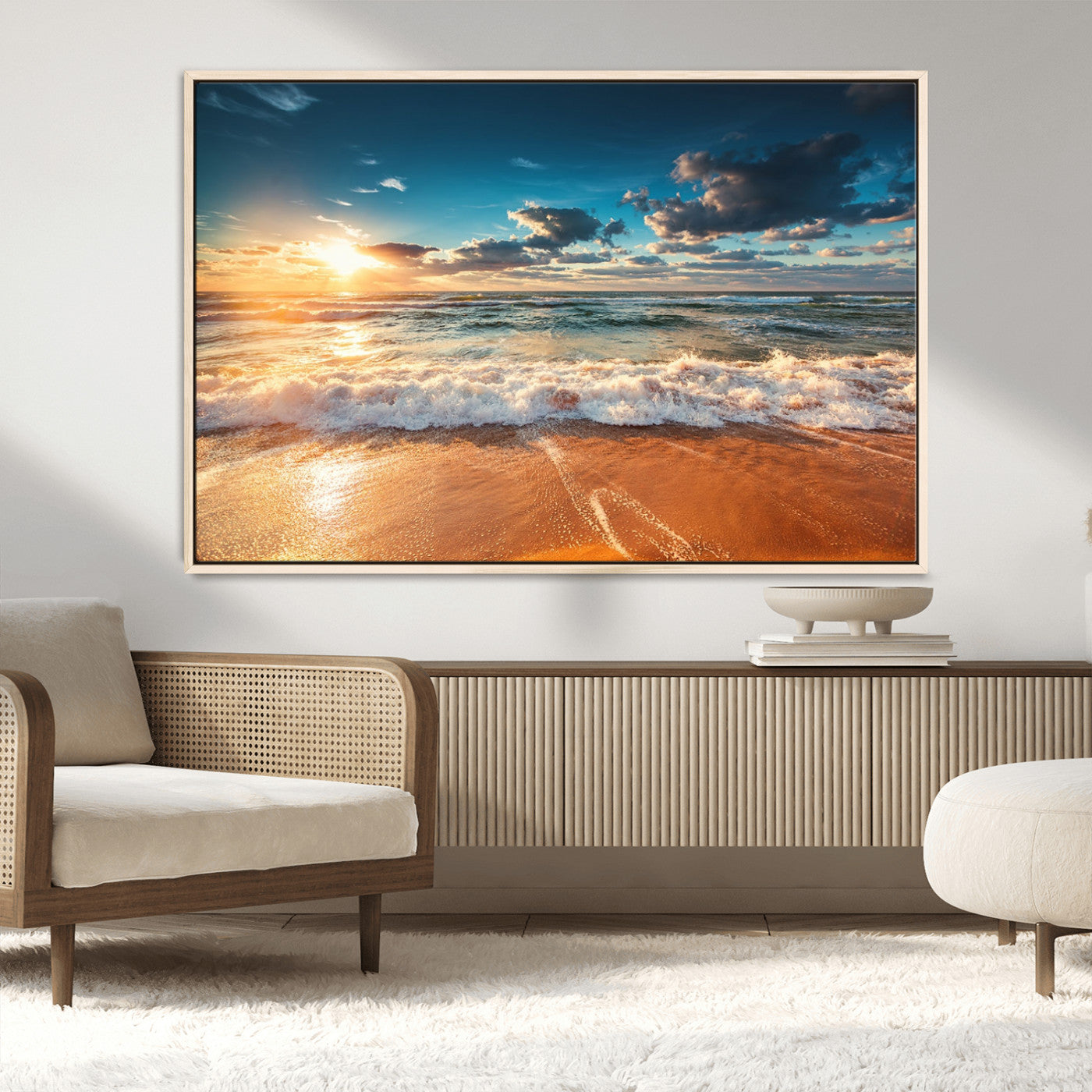 -Golden Sunset Beach Triptych Canvas Art, Giclee Coastal Wall Decor, Ocean Waves Print, Modern Beach