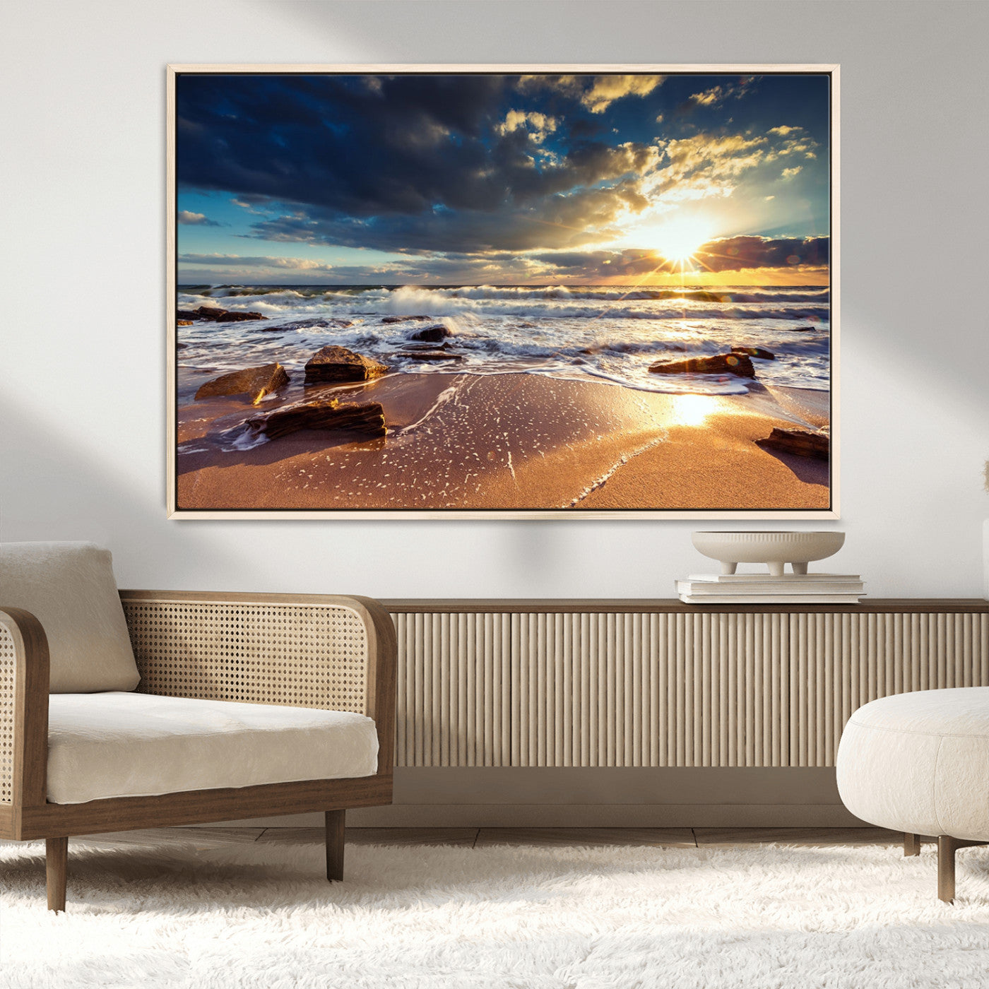 44481-MGV-FC-36X24_Natural-Golden Hour Beach Sunset Canvas Triptych, Ocean Waves and Rocks Wall Art for Coastal Home Decor