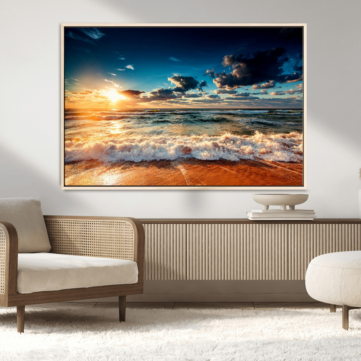26996-MGV-FC-36X24_Natural-Golden Hour Sunset Over Ocean Waves Wall Art Canvas Print | 3 Panel Coastal Landscape Canvas Wall