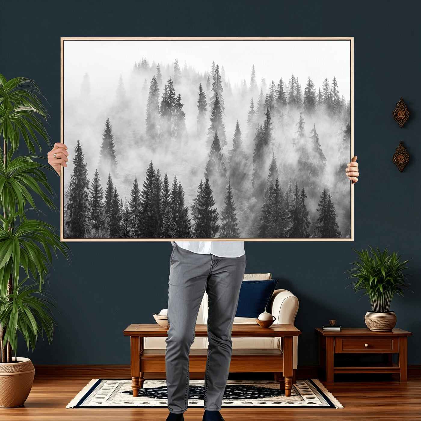 10422-MGV-CV-36X24 - Forest Wall Art Print | Foggy Pine Forest Canvas Wall Art - Black and White Nature Decor for Living