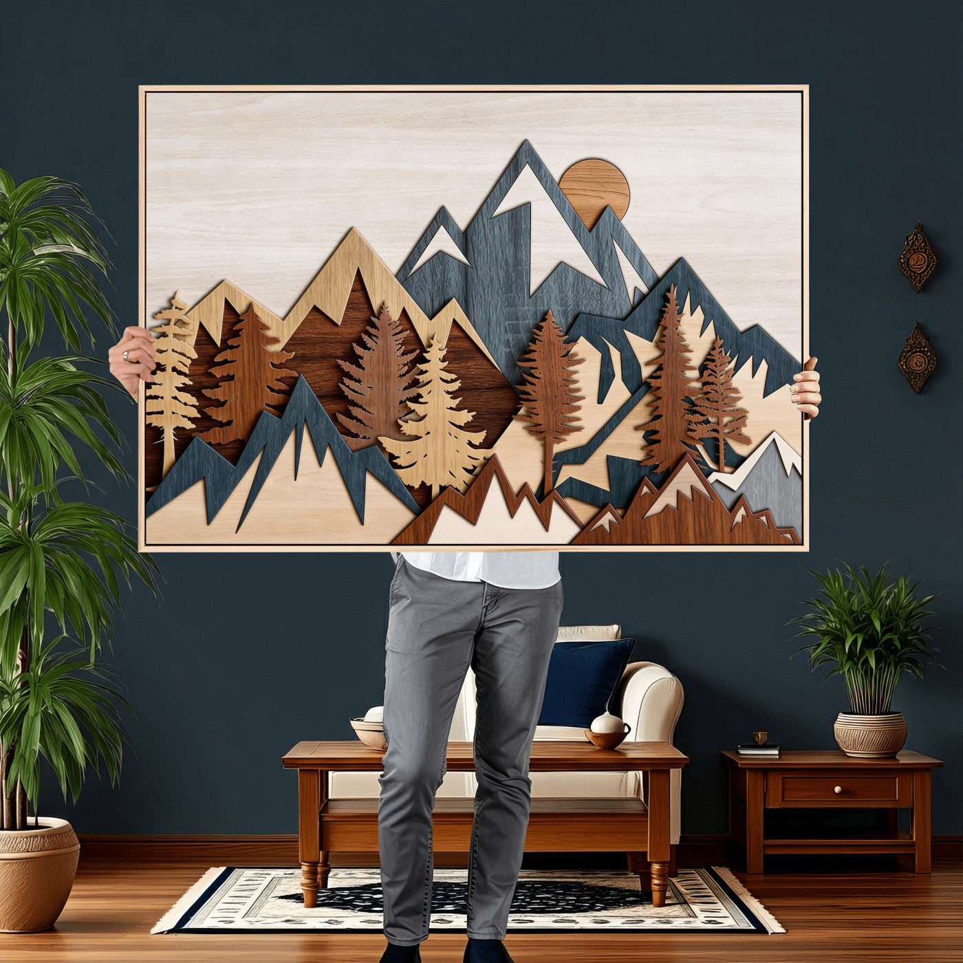 67950-MGV-CV-36X24 - Rustic Abstract Wood Panel Effect Canvas Mountain Range Top Wood Wall Art Canvas Print