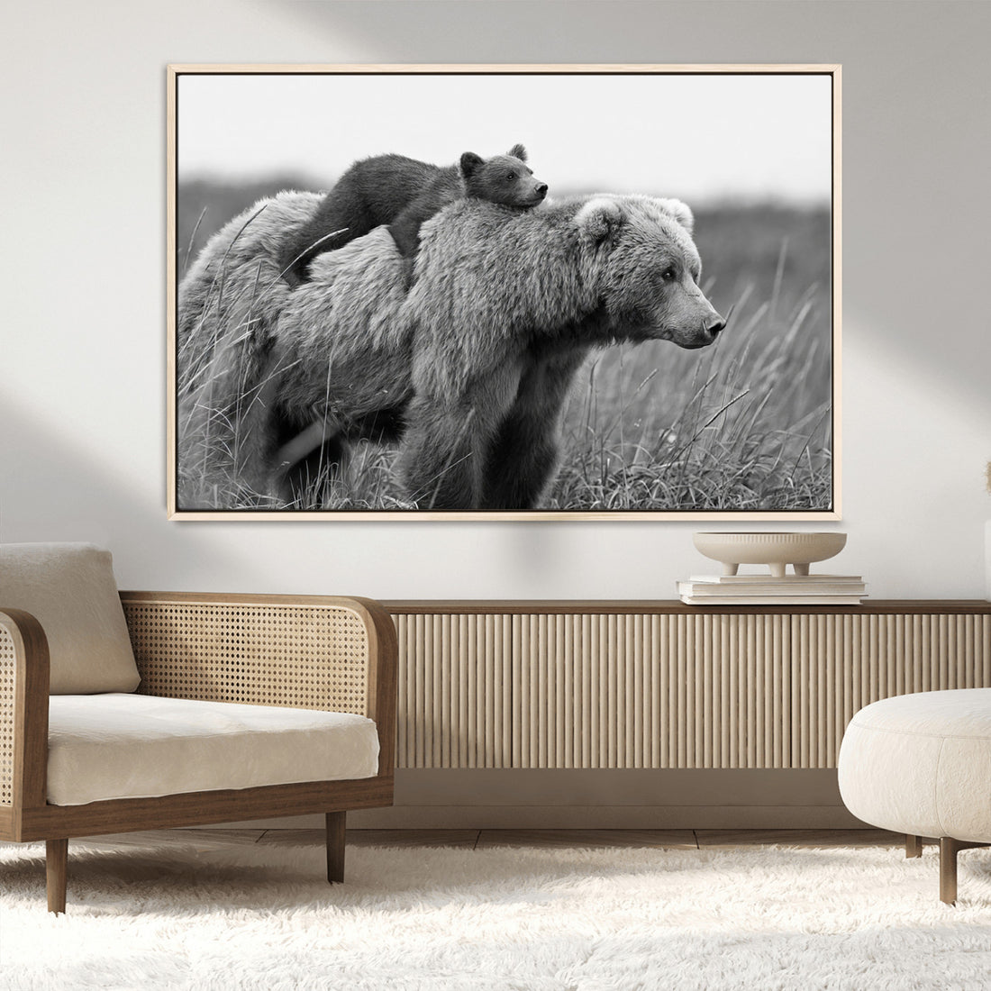 Bear and Cub Wall Art Canvas | Grizzly 399 Bear and Cub Black and White Wildlife Print