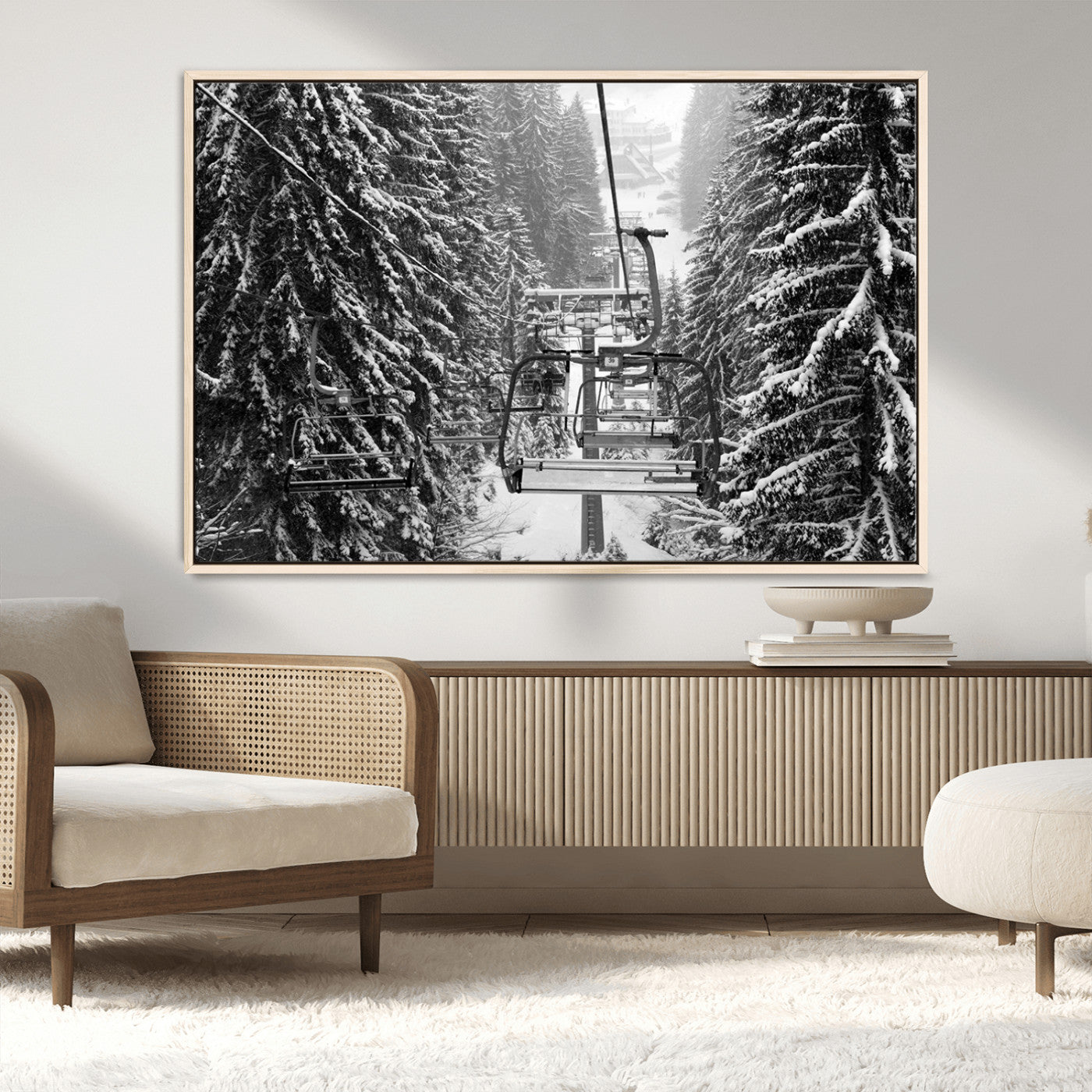 19240-MGV-CV-36X24-Winter Ski Lift Black and White Canvas Wall Art – Alpine Escape in Minimalist Style – Winter Ski