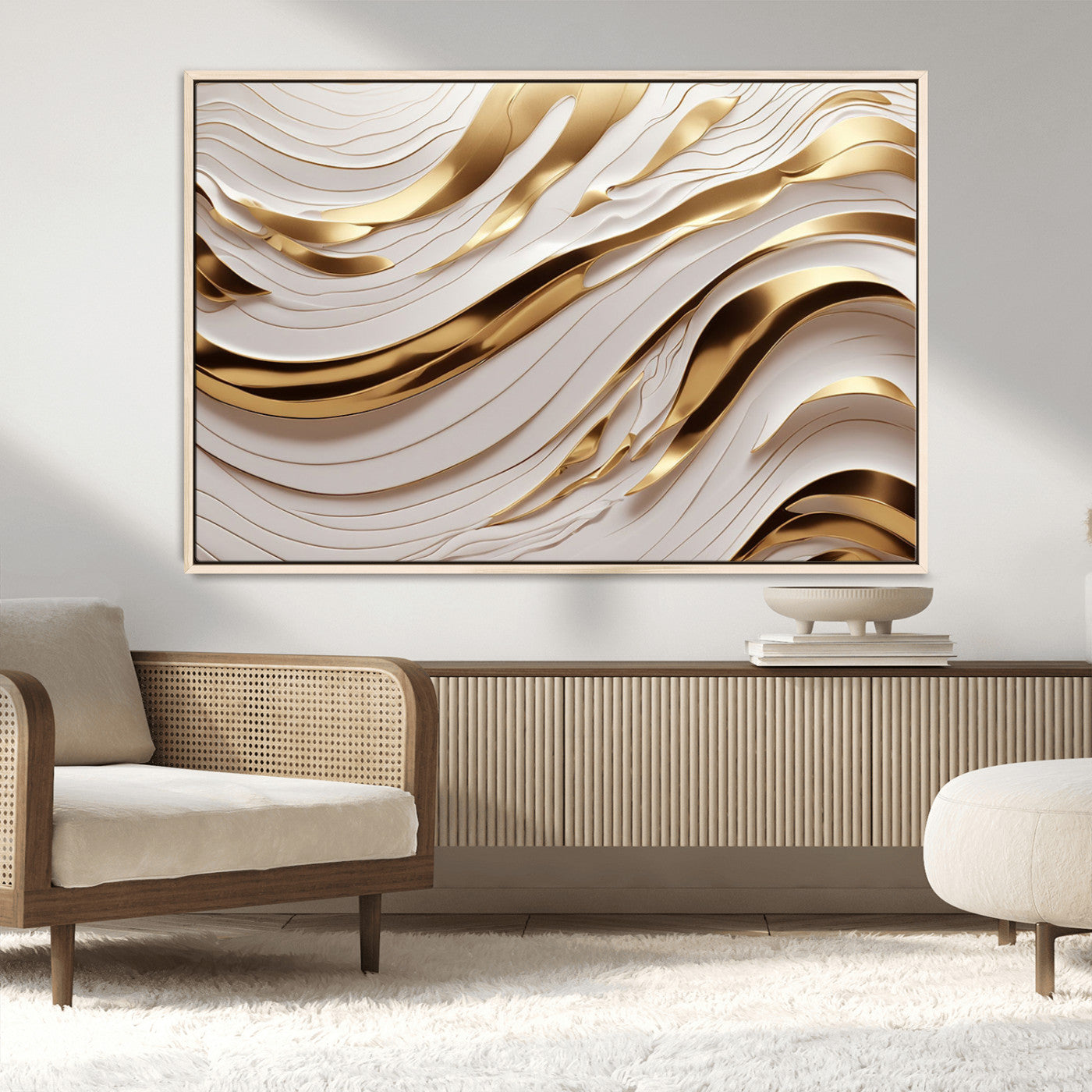 81197-MGV-FC-36X24_Natural-Gold and White Abstract Wave Canvas – Elegant Flowing Design with Luxurious Golden Accents –