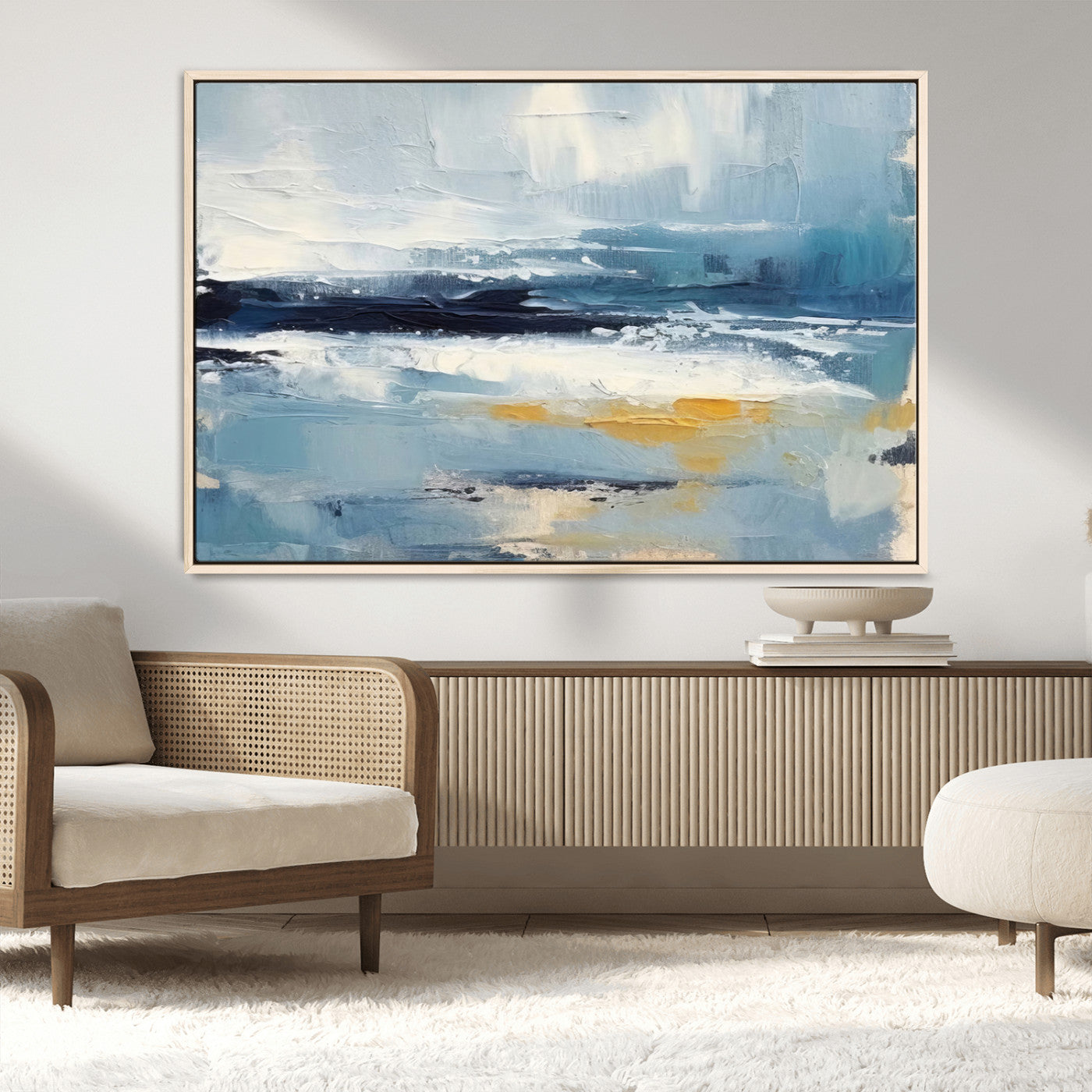 19746-MGV-FC-36X24_Natural-Abstract Ocean Canvas Wall Art - Coastal Blue and Gold Textured Painting, Modern Seascape Decor for