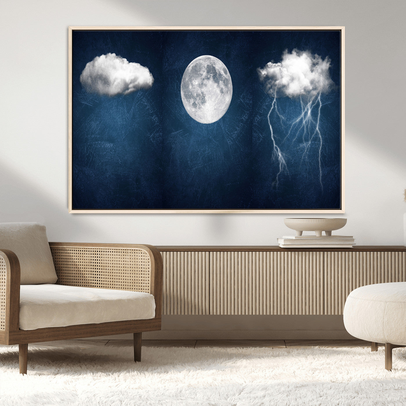 96569-MGV-FC-36X24_Natural-Dark Blue Cloud Art, 3 Piece Indigo Blue Wall Art, Aesthetic Surreal Art, Thunderstorm Moon Cloud