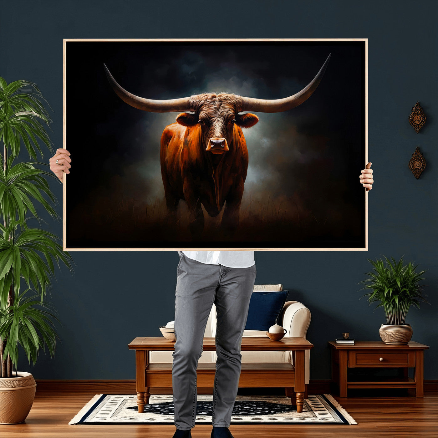 48896-MGV-CV-36X24 - Abstract Texas Longhorn Wall Art Print | 3-Panel Large Texas Longhorn Canvas Print for Living Room,