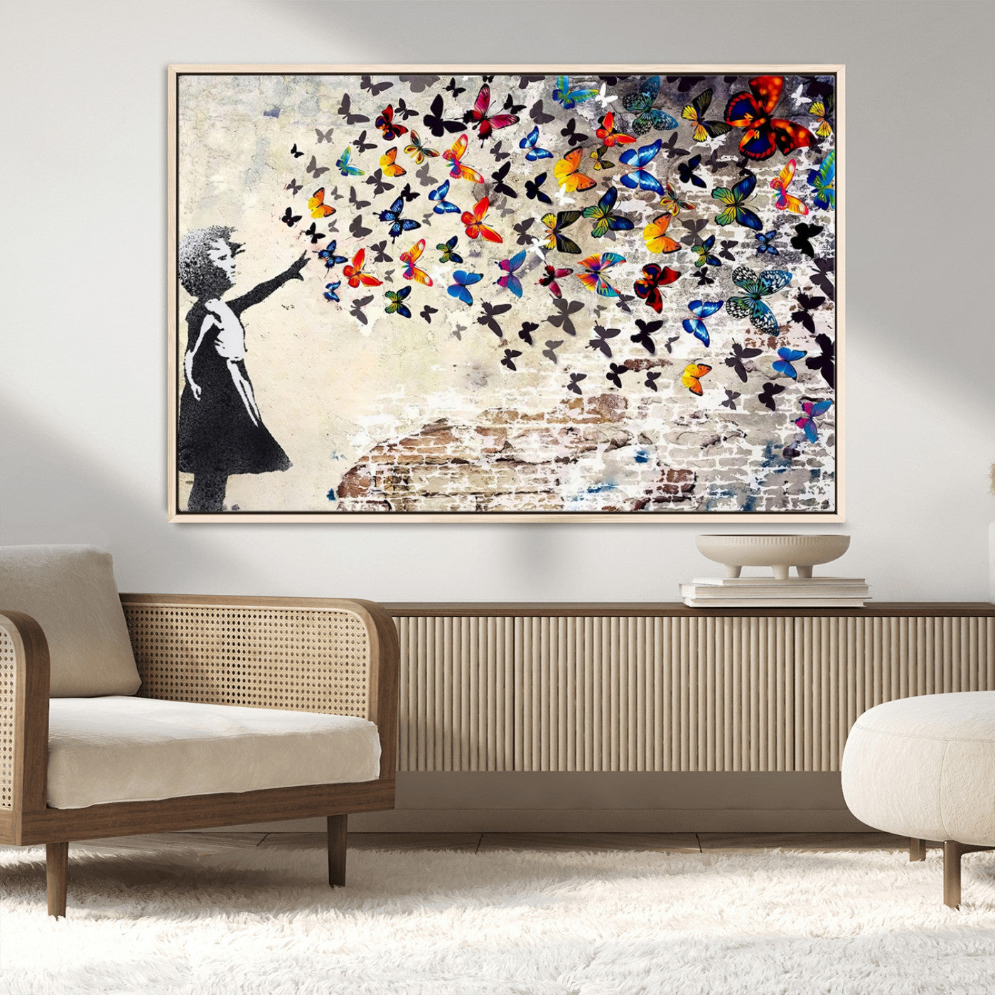 97895-MGV-CV-36X24-Banksy Graffiti Wall Art Canvas Print: Girl Releasing Vibrant Butterflies – Ready to Hang