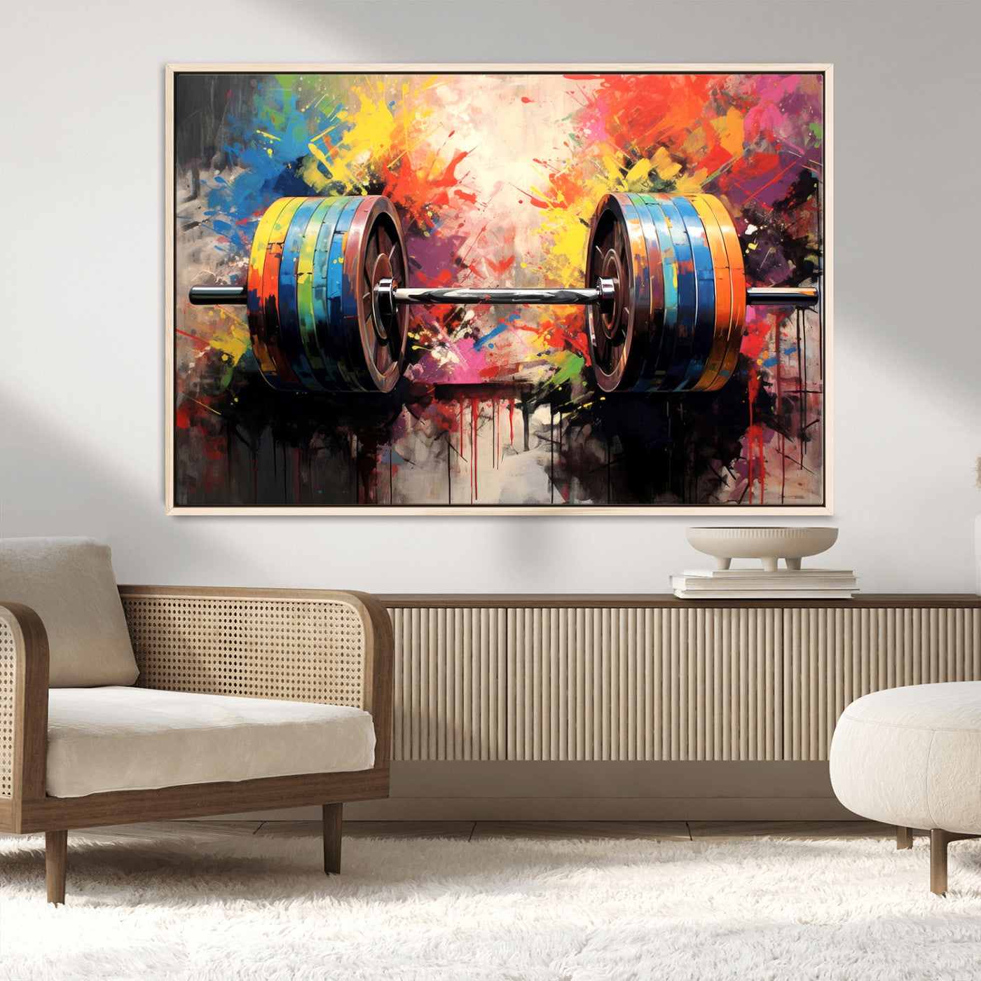 80436-MGV-CV-36X24-Weightlifting Barbell Art Triptych, Bold Abstract Fitness Wall Decor for Gym or Home, Giclee Canvas