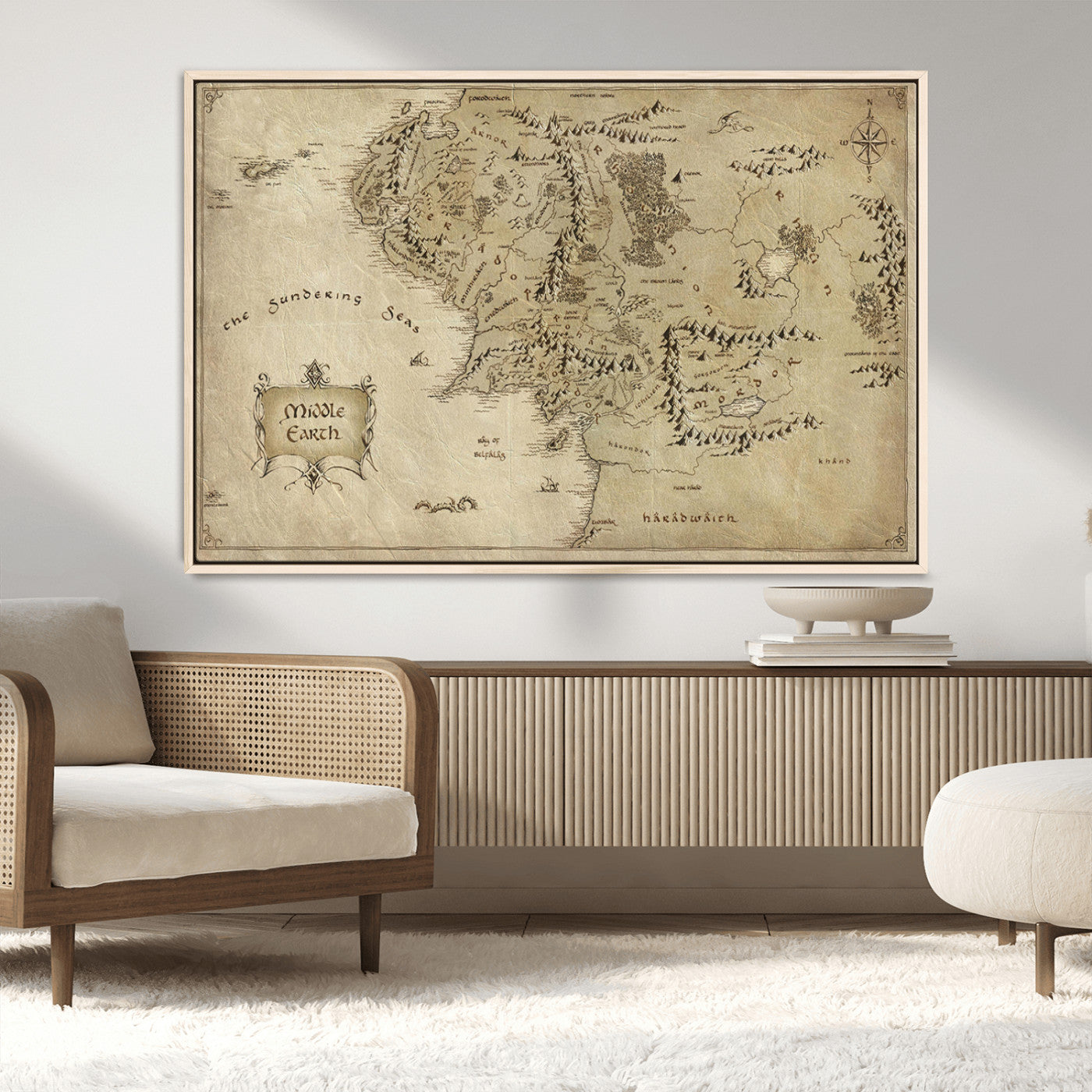 21784-MGV-CV-36X24-Vintage Middle Earth Map Wall Art Canvas – Lord of the Rings Inspired Framed Map Print, Classic Fantasy Decor for Home, Office