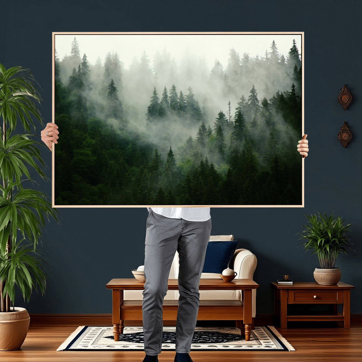 167720496-MGV-CV-36X24 - Misty Forest Mountain Wall Art Canvas | Large 3-Panel Foggy Landscape Canvas Print | Nature Misty