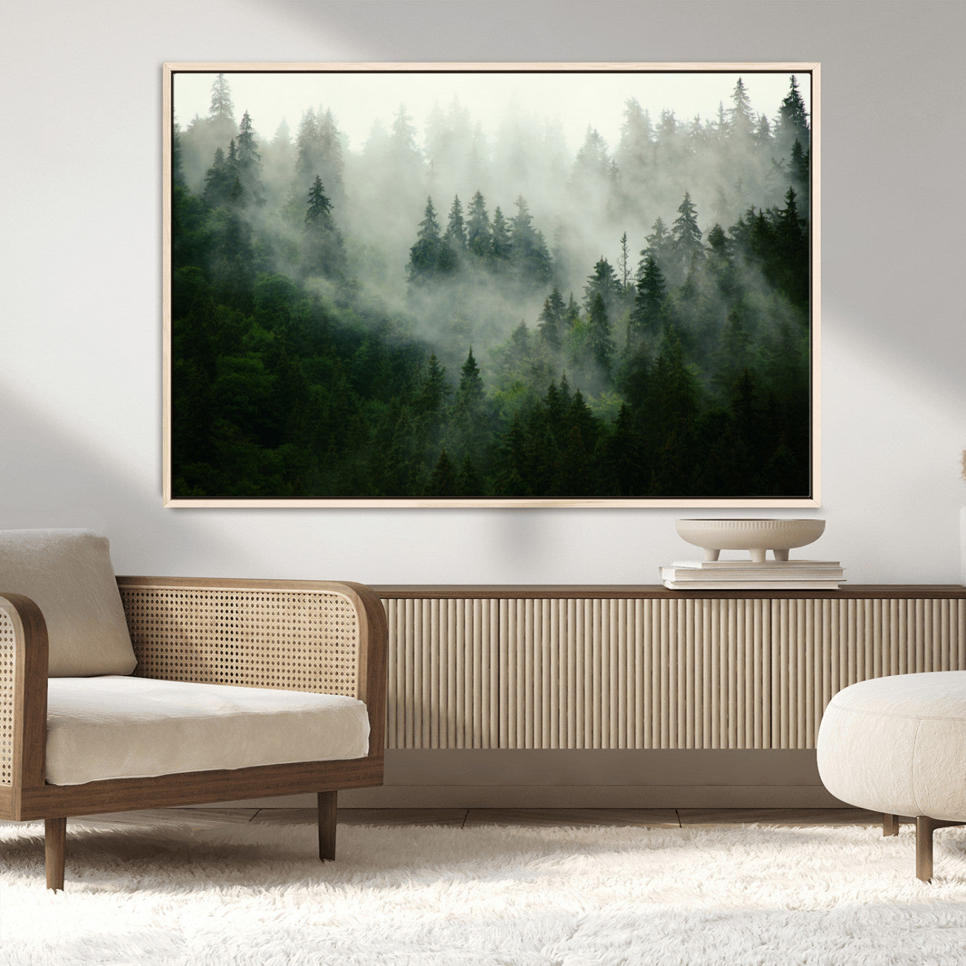 167720496-MGV-CV-36X24-Misty Forest Wall Art – Tranquil Green Woodland Canvas Print, Nature Landscape Decor for Living Room, Bedroom or Office