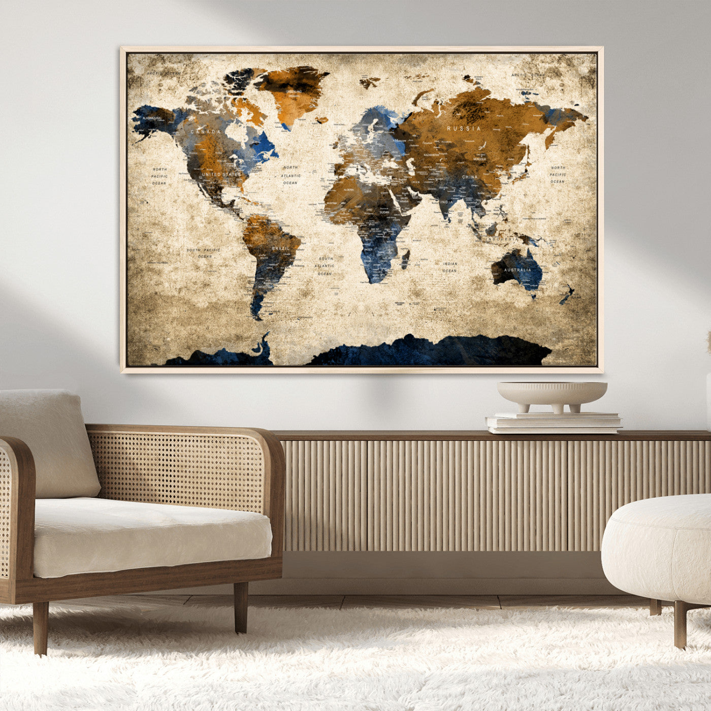 51140-MGV-CV-36X24-World Map Wall Art – Antique Style Blue and Brown Map Canvas Print, Classic Travel Wall Decor for Home Office or Study Room