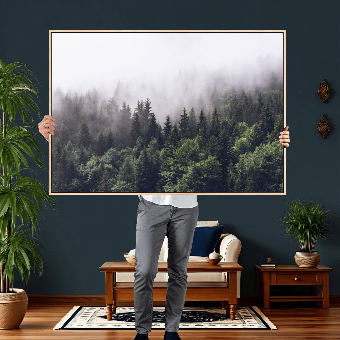 42578900-MGV-CV-36X24 - Misty Forest Canvas Wall Art – Serene Triptych Nature Print – Woodland Landscape Decor for Living
