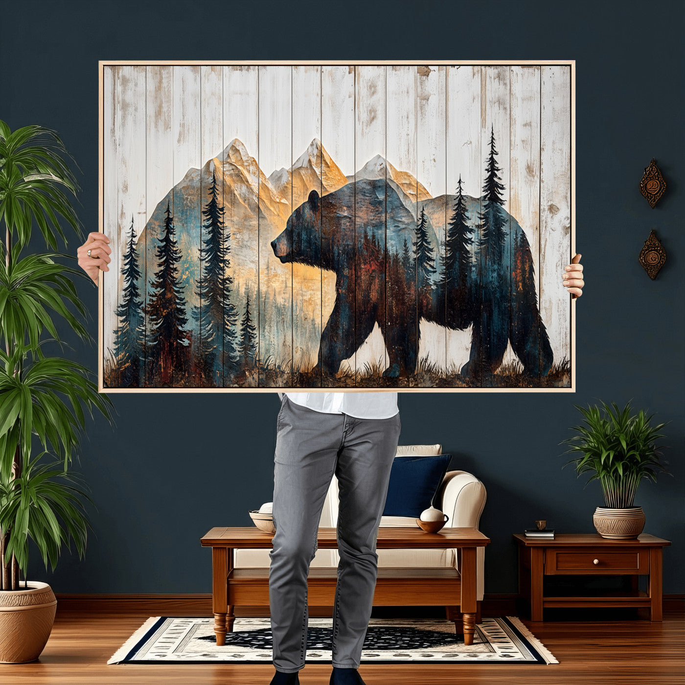 90077-MGV-CV-36X24 - Rustic Bear Wall Art - Grizzly 399 Bear Wall Art - Mountain Wood Canvas Wall Art - Nature Theme