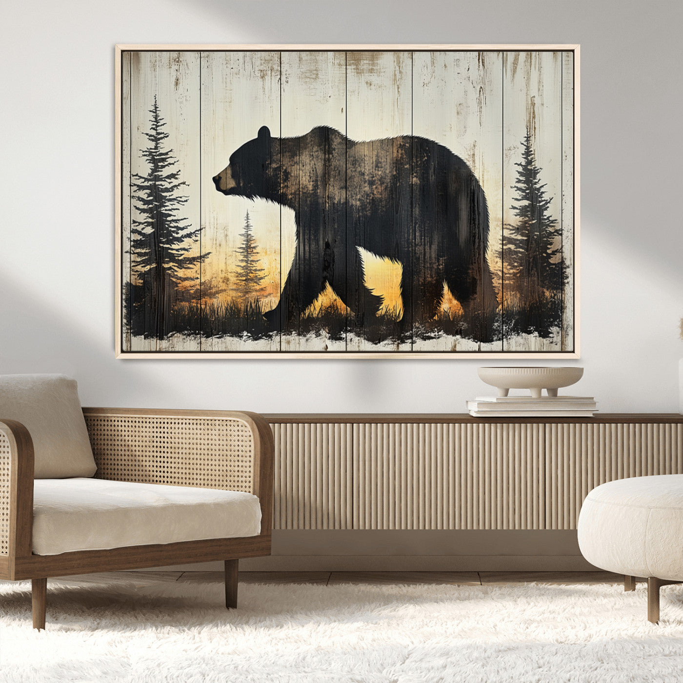 83875-MGV-CV-36X24-Vintage Bear Wall Art Canvas Print for Farmhouse - Mountain Wood Canvas Wall Art - Forest Silhouette