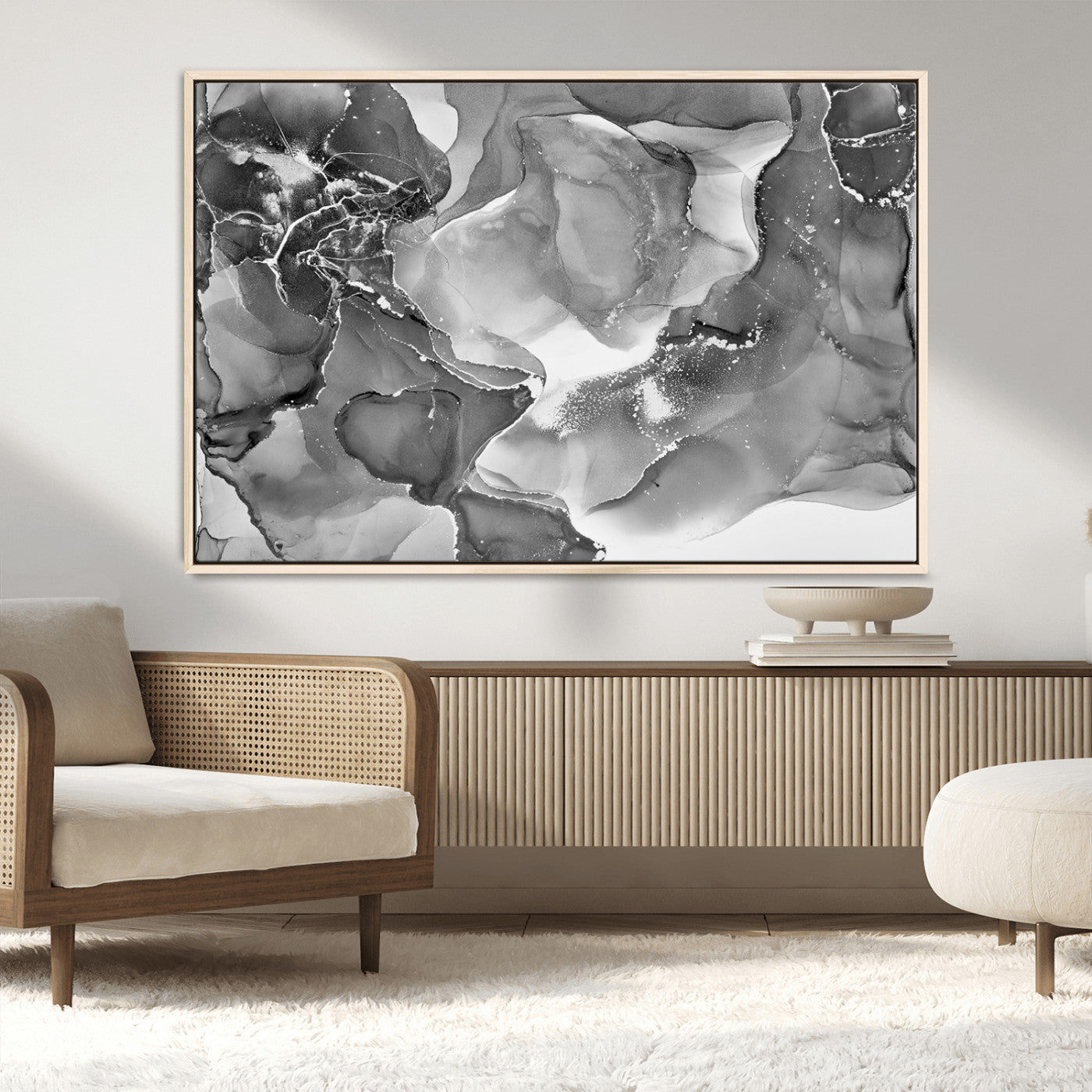 15911-MGV-CV-36X24-Black White Abstract Canvas Wall Art - Fluid Ink Artwork - Modern Luxury Wall Decor for Contemporary