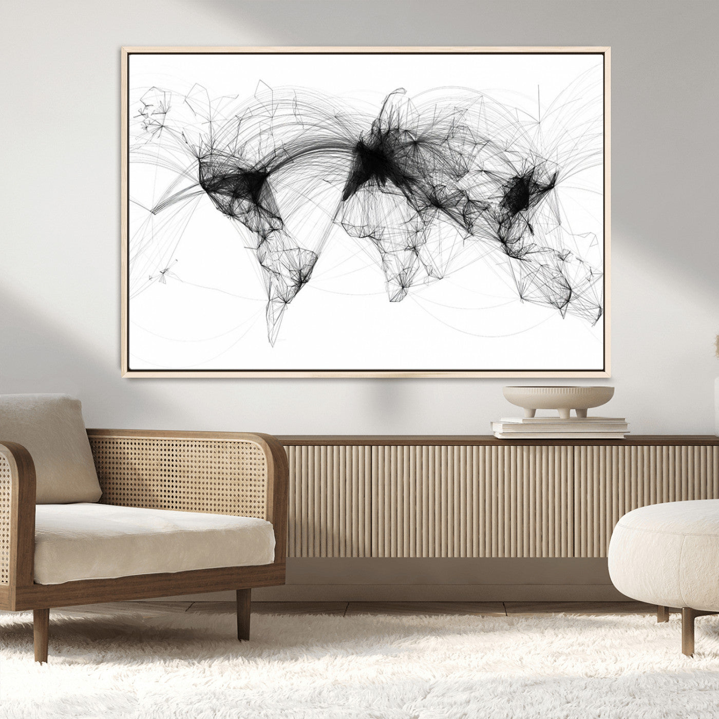 50136-MGV-CV-36X24-Abstract World Map Wall Art – Framed Geometric Line Canvas Artwork, Modern Global Design, Contemporary Decor for Home, Office
