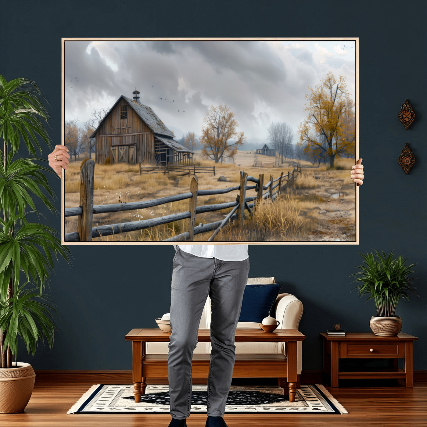 Farm1-MGV-CV-36X24 - Rustic Autumn Farmhouse Wall Art Canvas Print – Serene Countryside Scene with Weathered Barn and