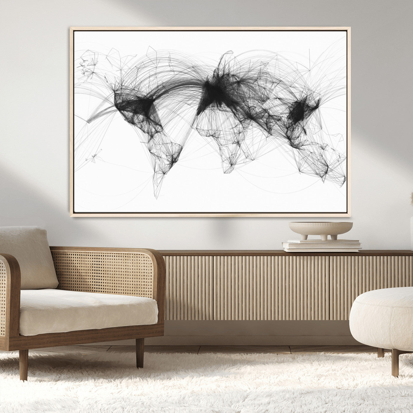 Black-Flight-Routes-MGV-FC-36X24_Natural-Flight Routes Air Traffic Map Canvas Wall Art - Framed - Ready to Hang