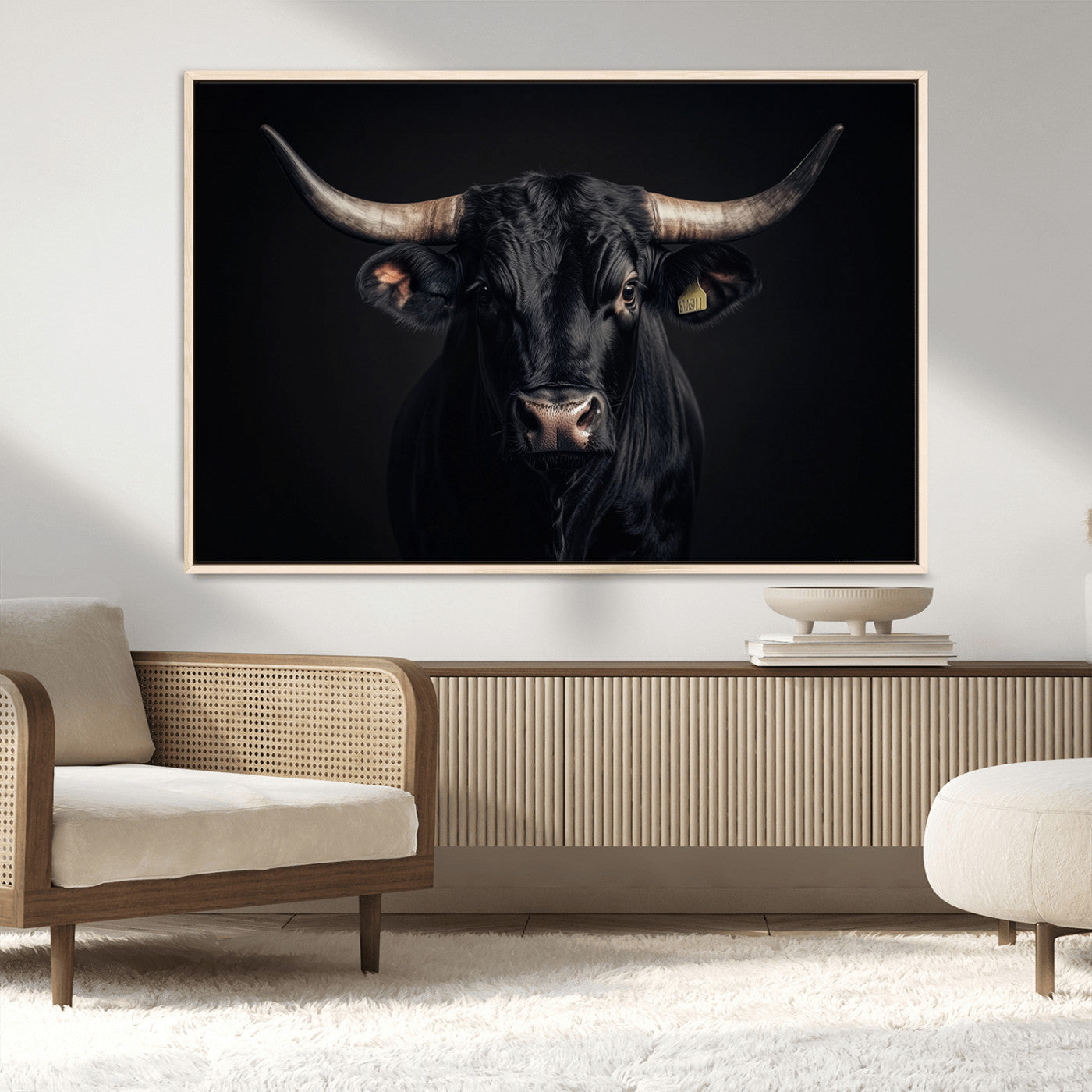 MGV-FC-36X24 - Black Bull Wall Art – Framed Horned Bull Canvas Artwork, Western Cattle Design, Rustic Ranch Style Decor for Home, Office