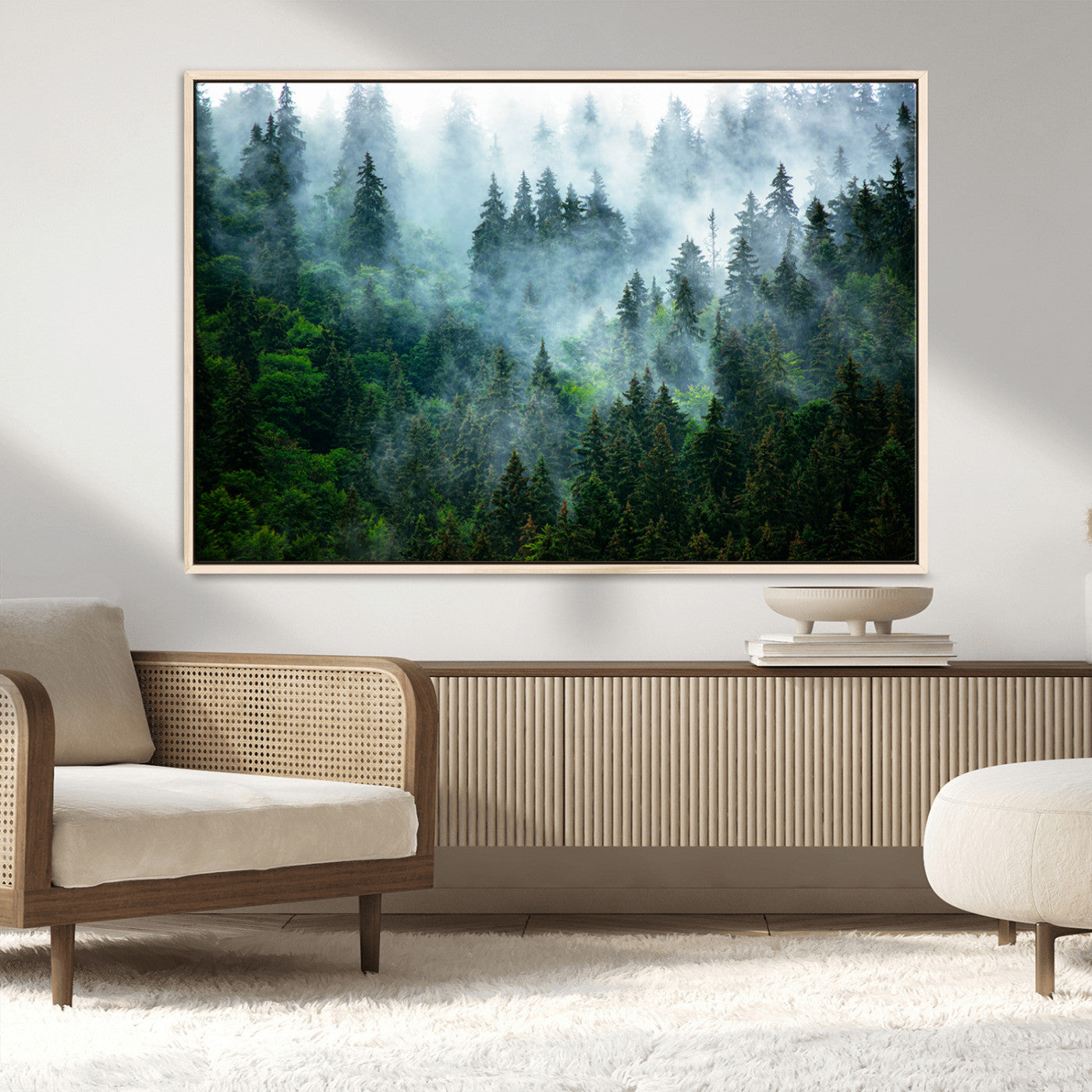 -Misty Forest Art Wall Art Canvas Print, Framed Foggy Mountain Art Art Picture Print, Scenic Wall